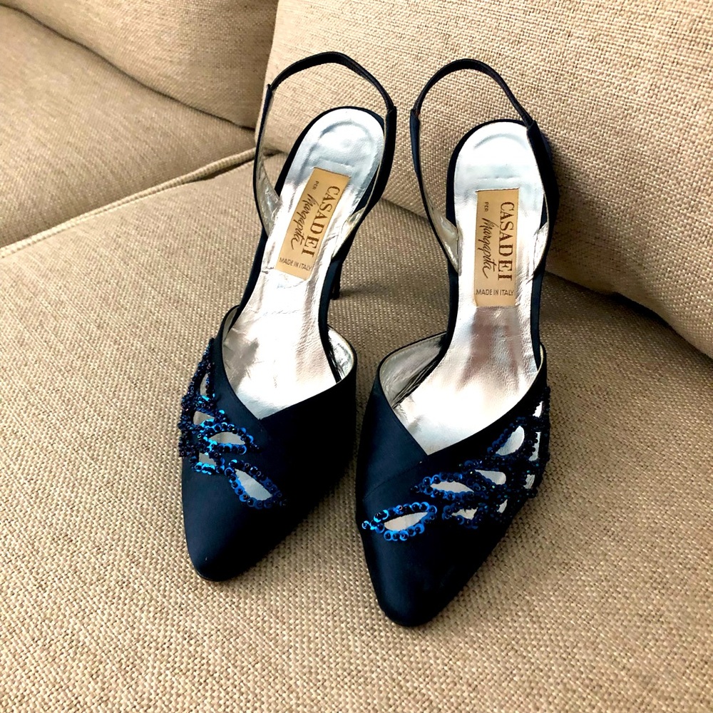 Casadei Navy Blue satin,  beaded trim sling back pump